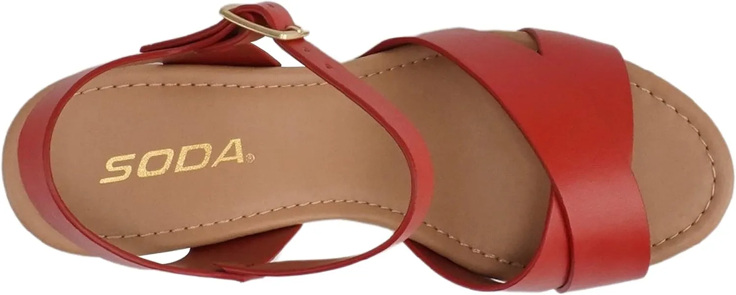 Soda MIGUEL ~ Women Crisscross Band Fashion Chunky Platform Block Mid Heel Sandal with Ankle Strap and Stud