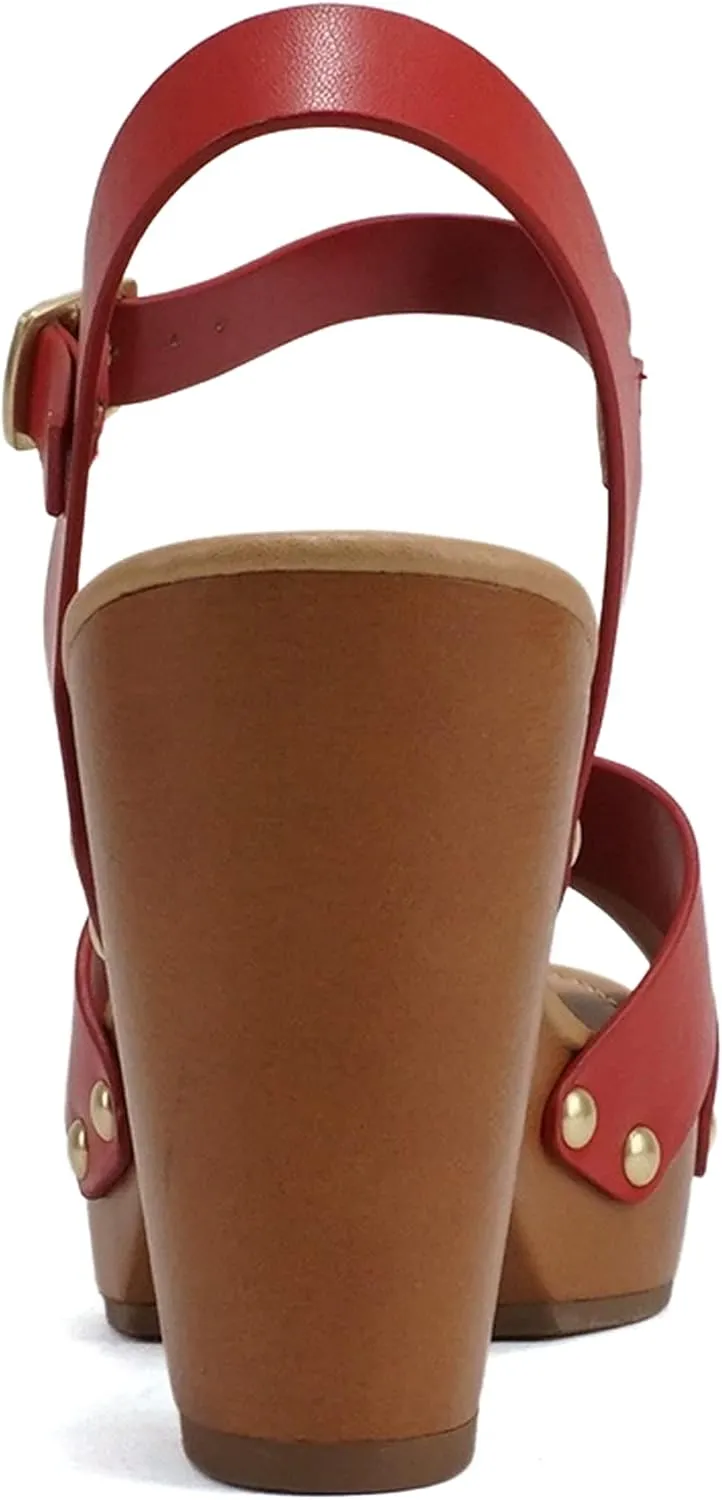 Soda MIGUEL ~ Women Crisscross Band Fashion Chunky Platform Block Mid Heel Sandal with Ankle Strap and Stud