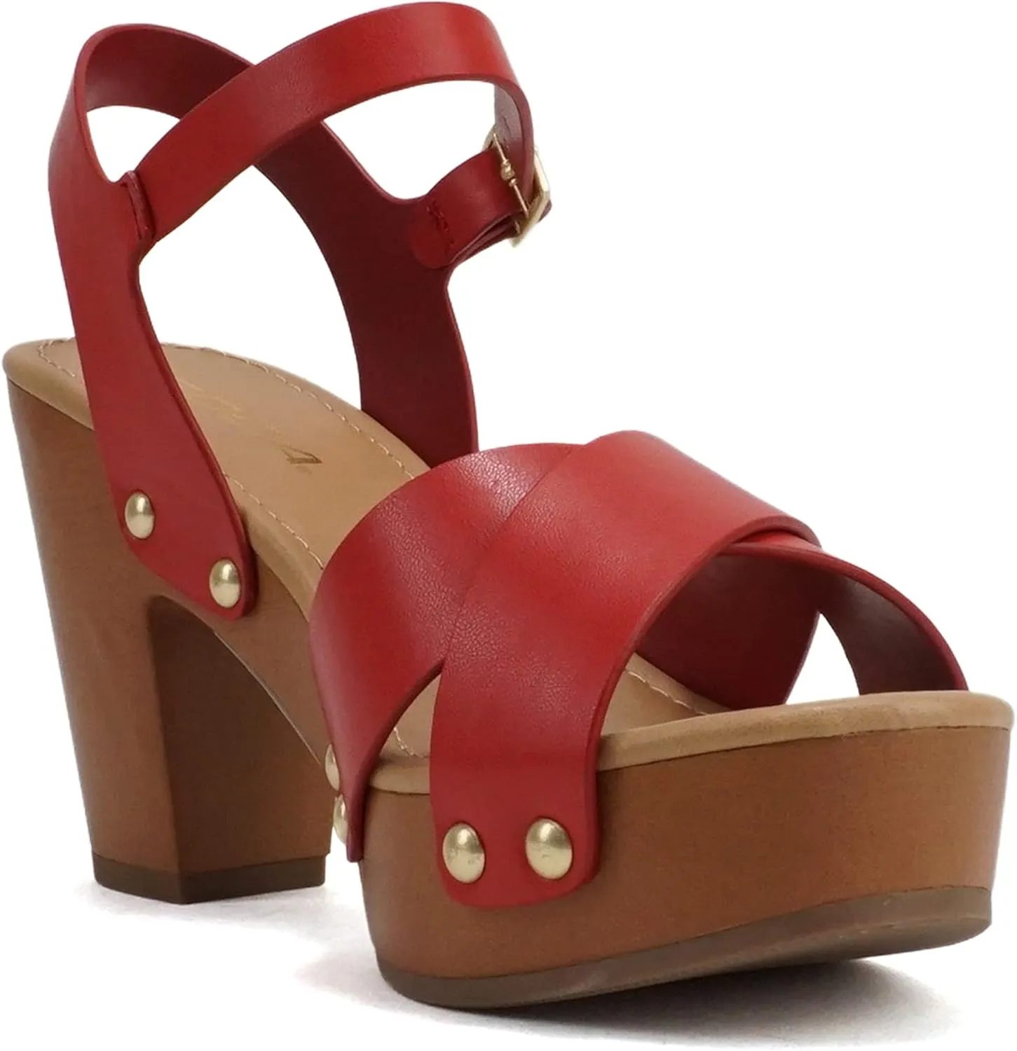Soda MIGUEL ~ Women Crisscross Band Fashion Chunky Platform Block Mid Heel Sandal with Ankle Strap and Stud
