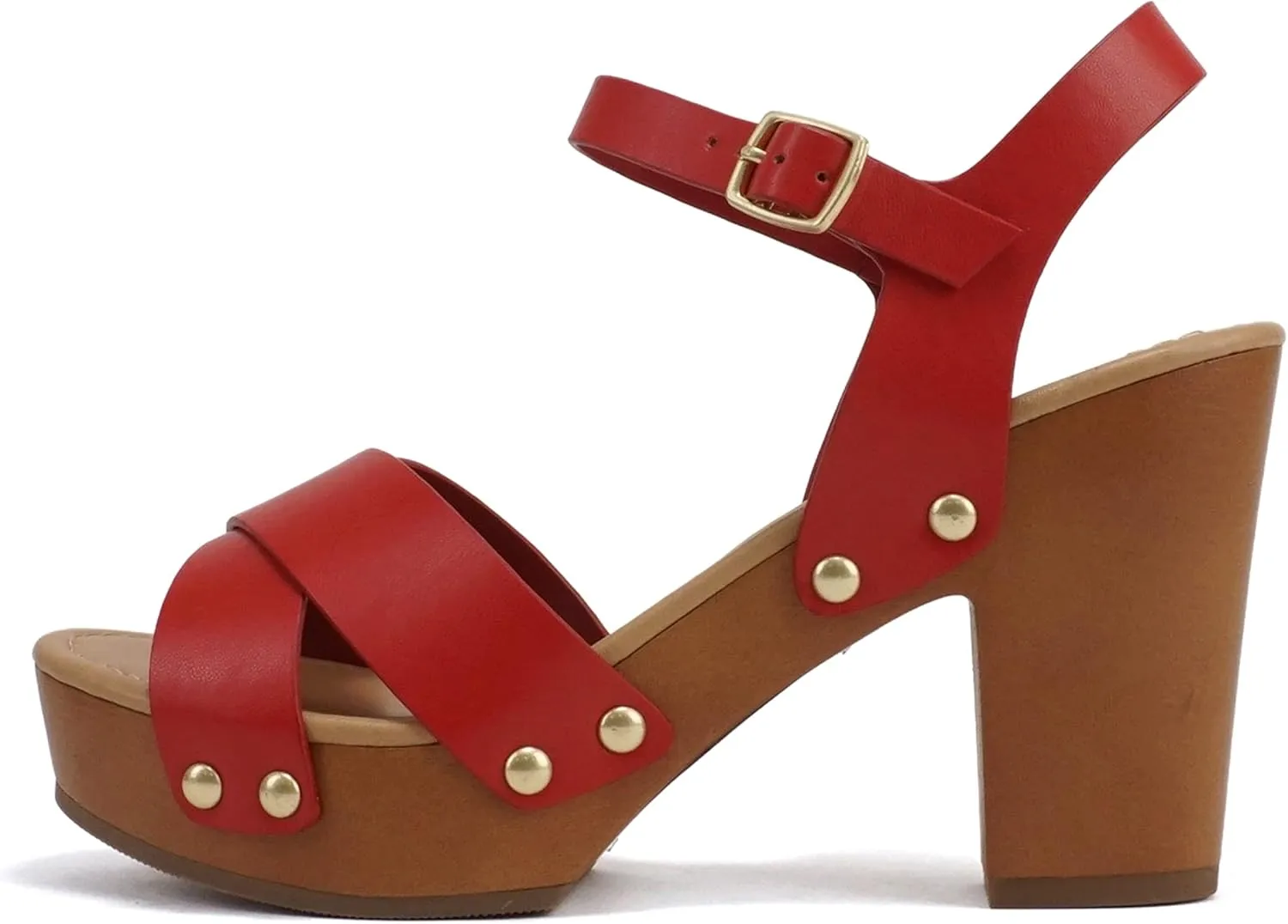 Soda MIGUEL ~ Women Crisscross Band Fashion Chunky Platform Block Mid Heel Sandal with Ankle Strap and Stud