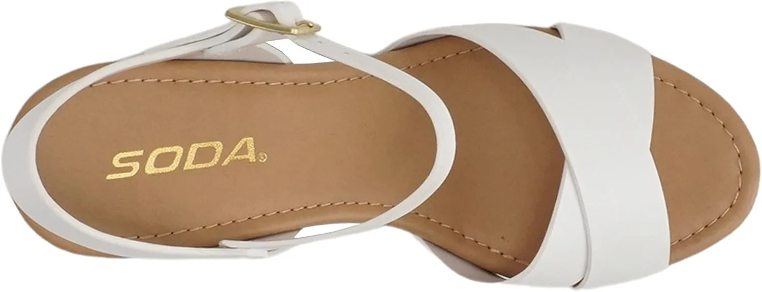 Soda MIGUEL ~ Women Crisscross Band Fashion Chunky Platform Block Mid Heel Sandal with Ankle Strap and Stud