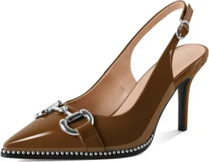 Soireelady Womens Slingback Heels Beaded Pumps High Heels Closed Pointed Toe Slip On Stilettos Pumps Dress Shoes Patent Leather 3.5 Inches