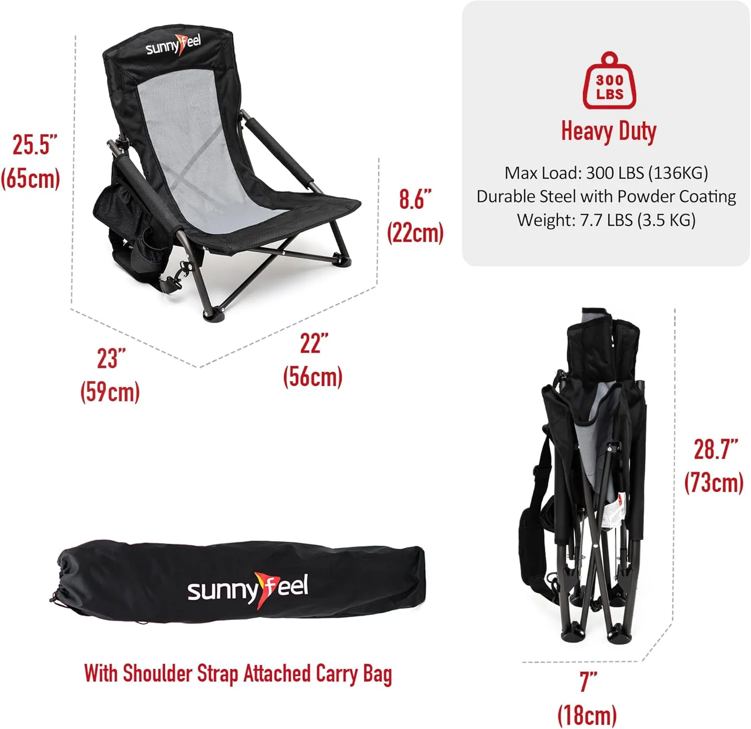 SUNNYFEEL Low Folding Beach Chair for Adults, Portable Lightweight Sling Beach Camping Chairs with Cup Holder, Armrest,Foldable Camp Lawn Chair for Outdoor Sand Concert Travel Sport Events,300LBS