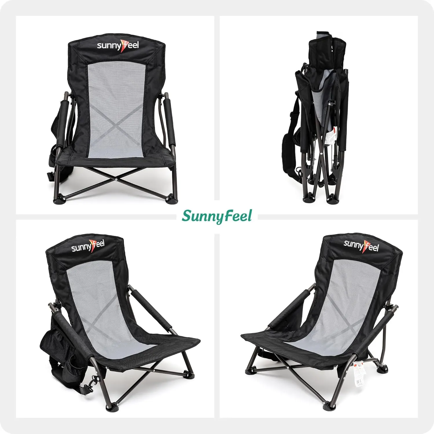 SUNNYFEEL Low Folding Beach Chair for Adults, Portable Lightweight Sling Beach Camping Chairs with Cup Holder, Armrest,Foldable Camp Lawn Chair for Outdoor Sand Concert Travel Sport Events,300LBS