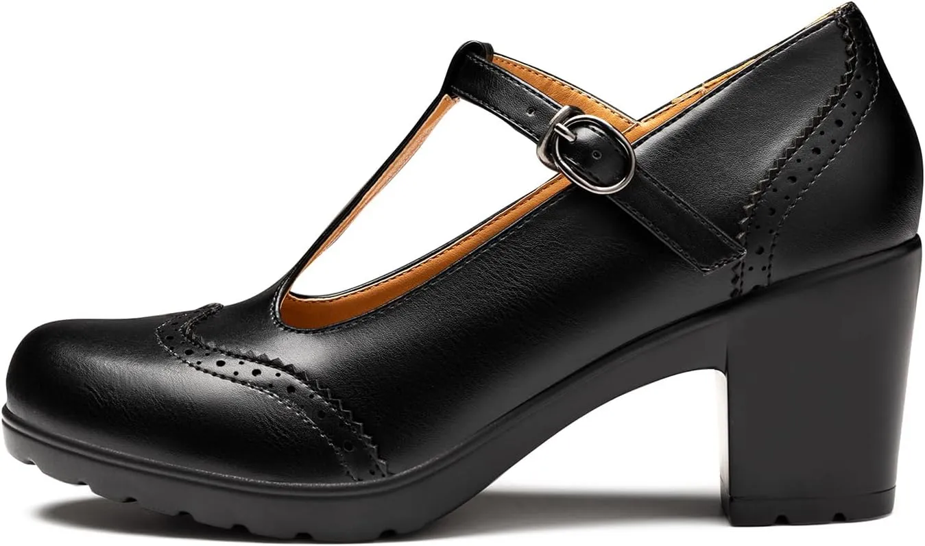 Trary Women's Pumps Classic T-Strap Round Toe Mary Jane Shoes for Women, Comfortable Low Chunky Block Heels Oxfords Dress Work Pumps Shoes for Women