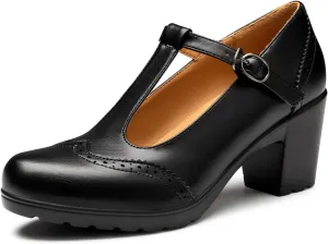 Trary Women's Pumps Classic T-Strap Round Toe Mary Jane Shoes for Women, Comfortable Low Chunky Block Heels Oxfords Dress Work Pumps Shoes for Women