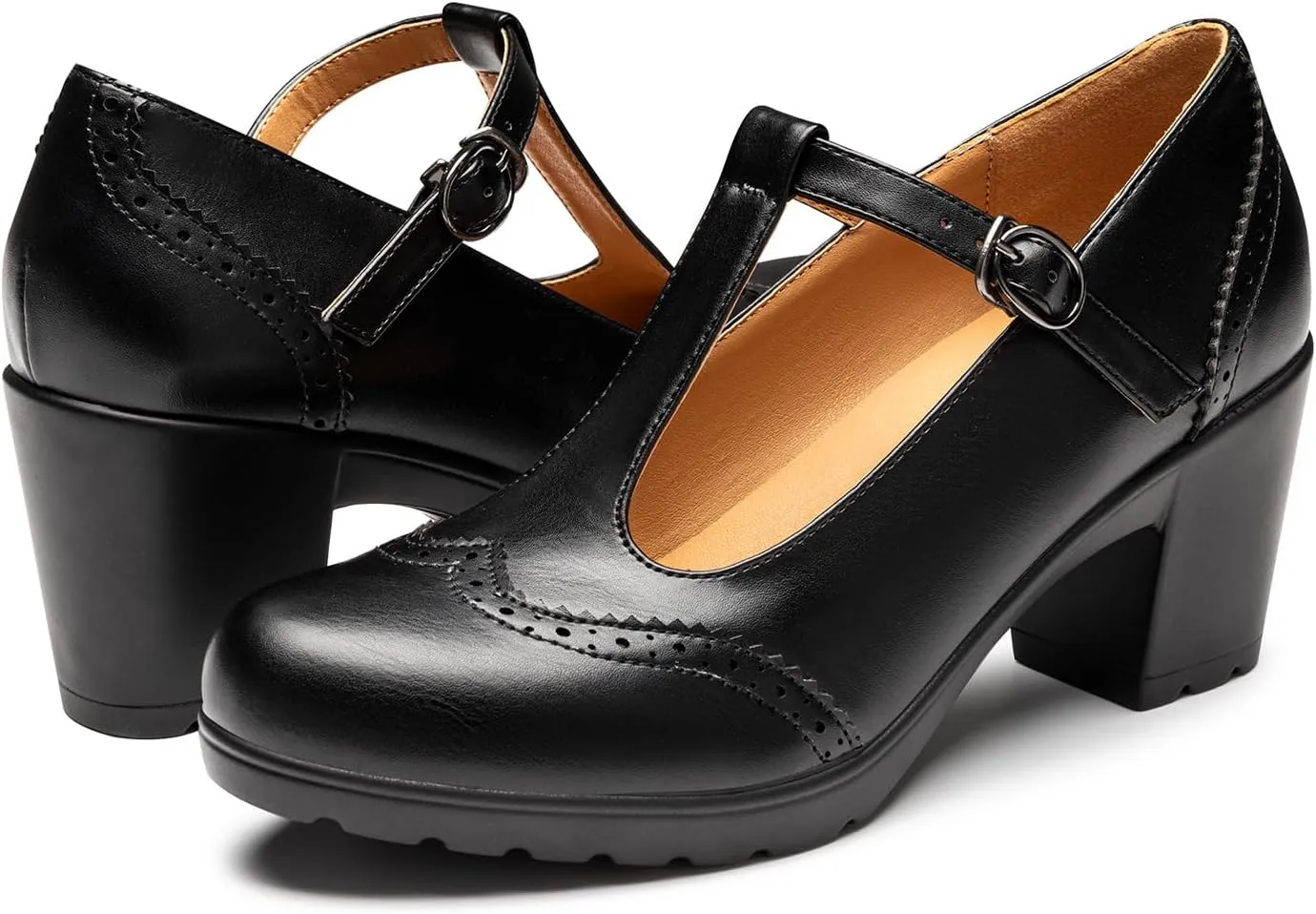 Trary Women's Pumps Classic T-Strap Round Toe Mary Jane Shoes for Women, Comfortable Low Chunky Block Heels Oxfords Dress Work Pumps Shoes for Women