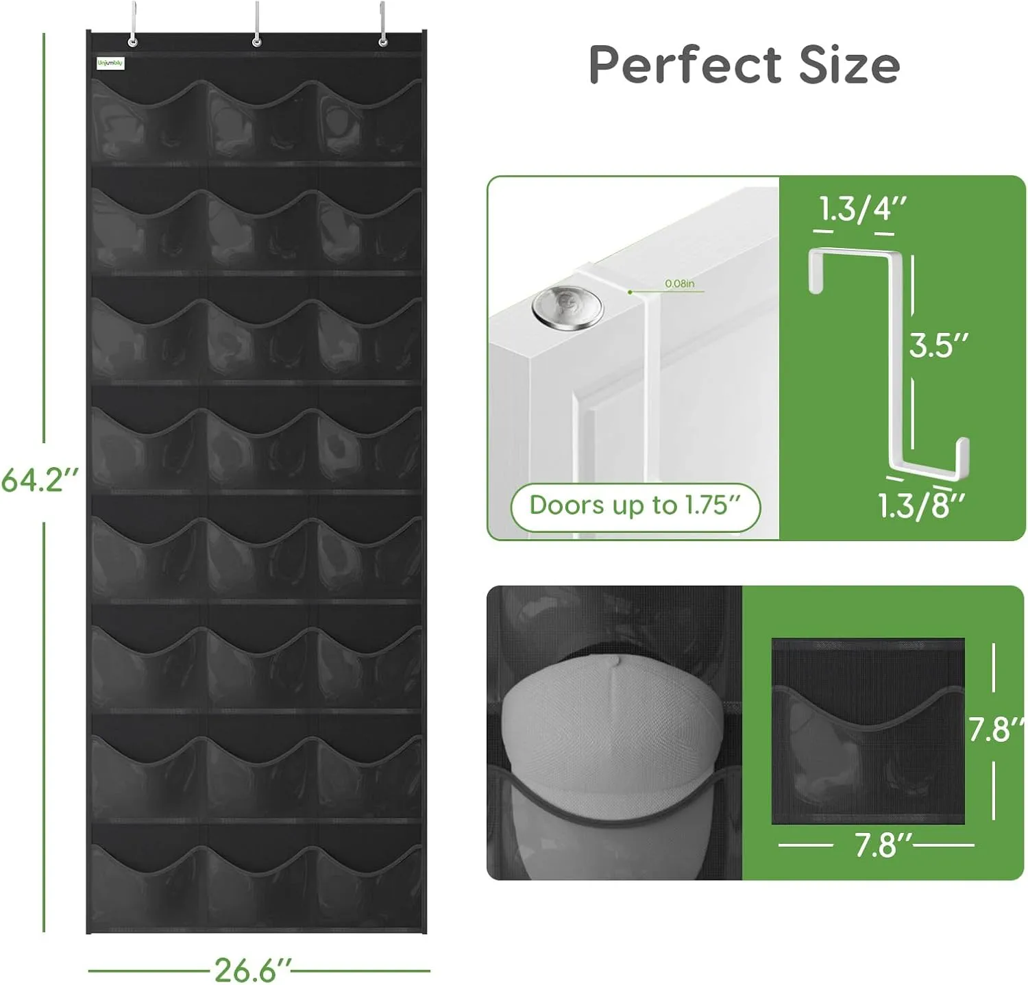 Unjumbly Baseball Hat Rack, 24 Pocket Over-The-Door Hat Organizer with Clear Deep Pockets to Display Baseball Caps Collection, Complete with 3 Over Door Hooks (Black, 24 Pockets)