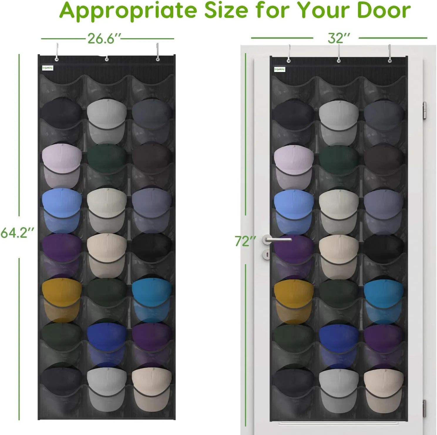 Unjumbly Baseball Hat Rack, 24 Pocket Over-The-Door Hat Organizer with Clear Deep Pockets to Display Baseball Caps Collection, Complete with 3 Over Door Hooks (Black, 24 Pockets)