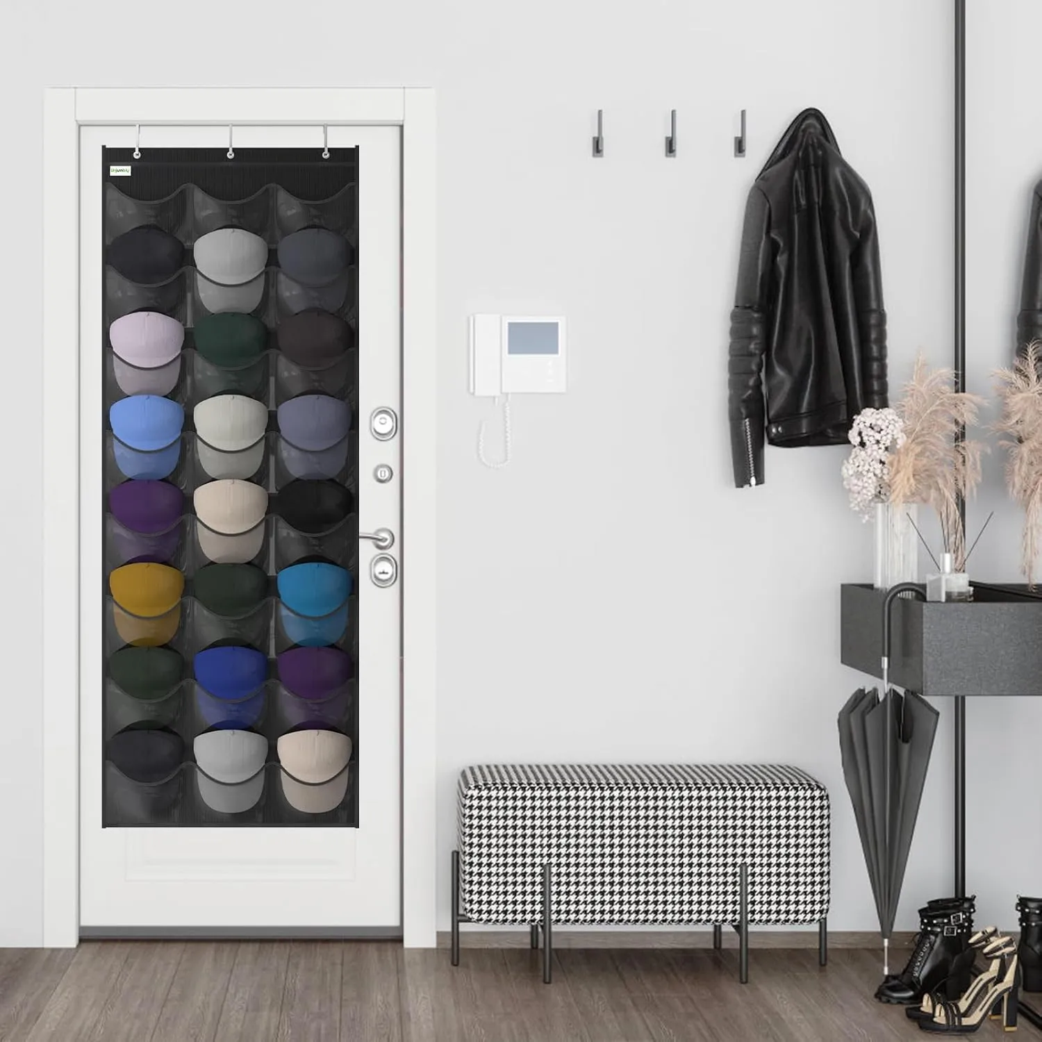 Unjumbly Baseball Hat Rack, 24 Pocket Over-The-Door Hat Organizer with Clear Deep Pockets to Display Baseball Caps Collection, Complete with 3 Over Door Hooks (Black, 24 Pockets)