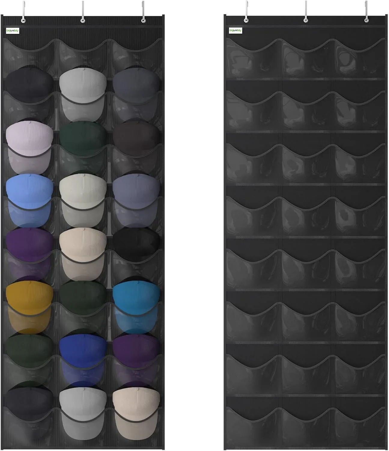 Unjumbly Baseball Hat Rack, 24 Pocket Over-The-Door Hat Organizer with Clear Deep Pockets to Display Baseball Caps Collection, Complete with 3 Over Door Hooks (Black, 24 Pockets)