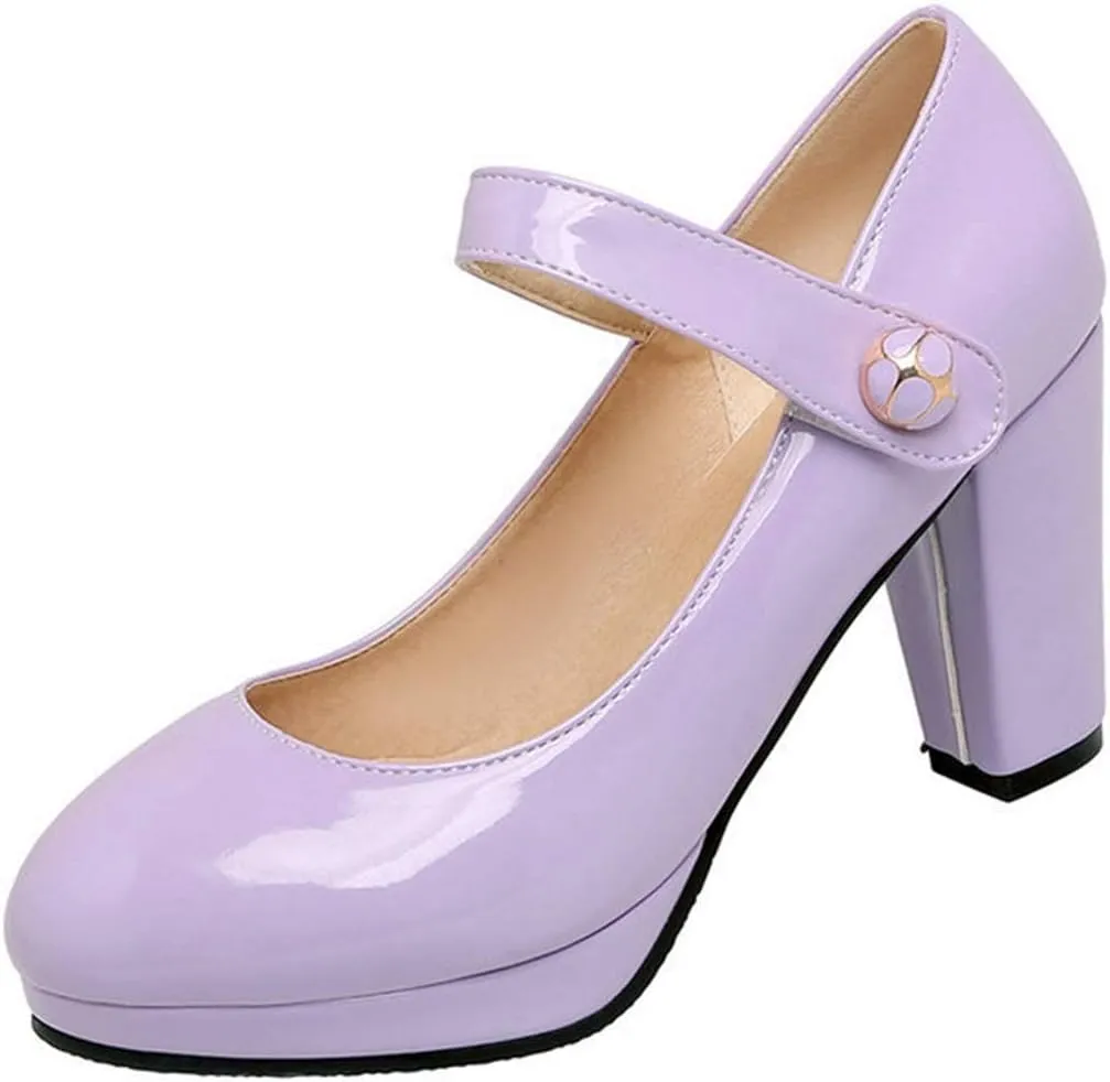 VOKLIN Women's Round Toe Platform Mary Jane Pumps Patent Leather Chunky Block High Heel Oxford Dress Shoes