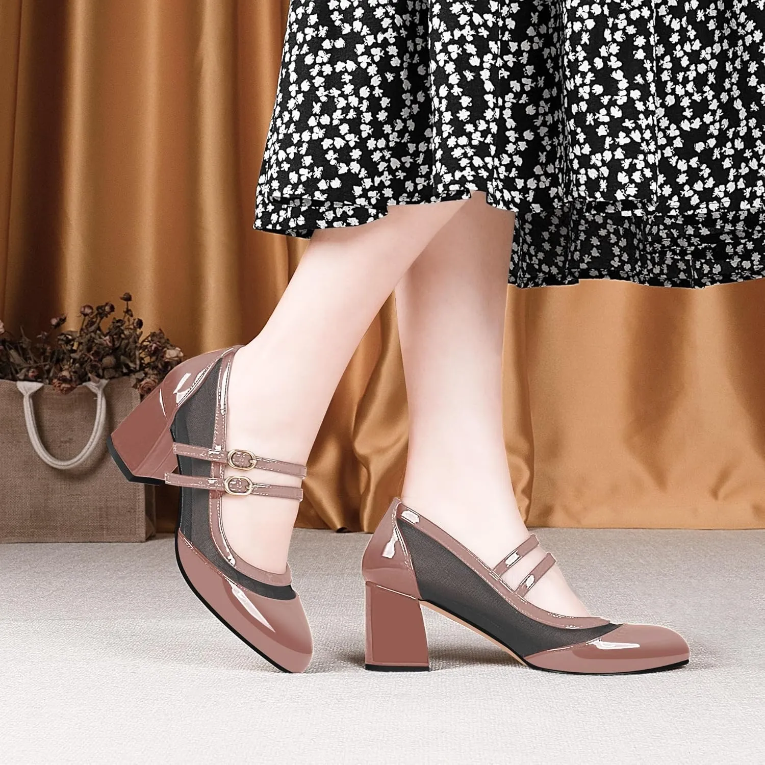 Women's Air Mesh Mary Janes Pumps High Heel Shoes with Block Heel & Double Buckle Strap Dress Shoes