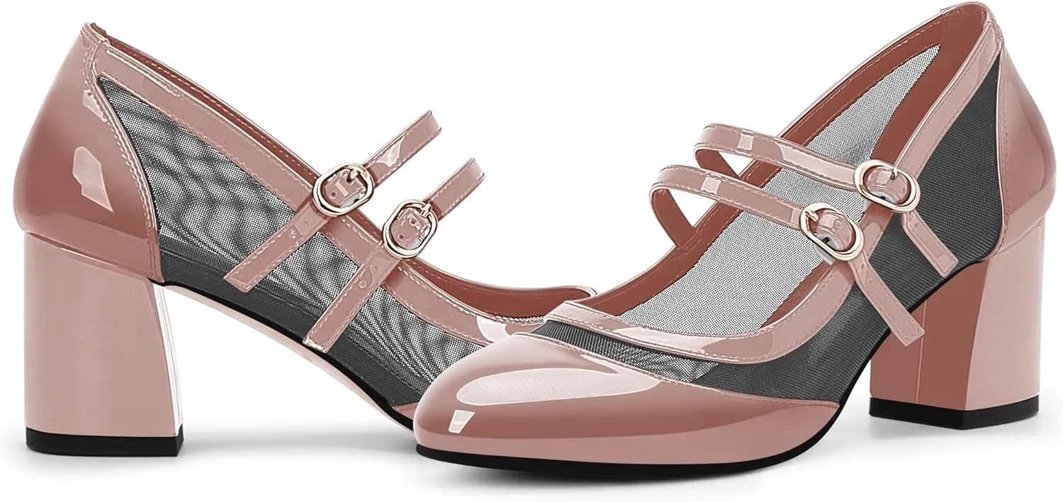 Women's Air Mesh Mary Janes Pumps High Heel Shoes with Block Heel & Double Buckle Strap Dress Shoes