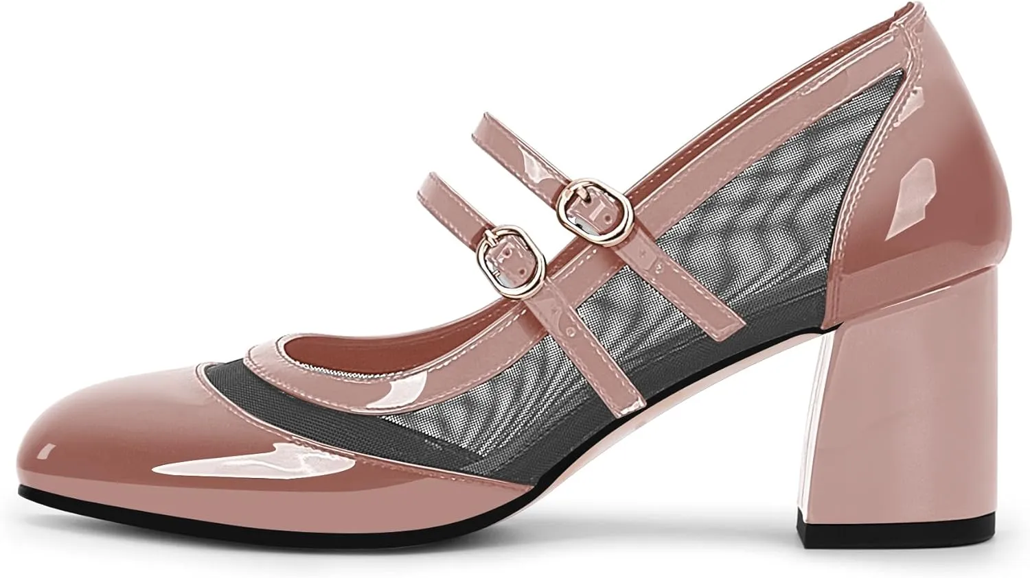 Women's Air Mesh Mary Janes Pumps High Heel Shoes with Block Heel & Double Buckle Strap Dress Shoes
