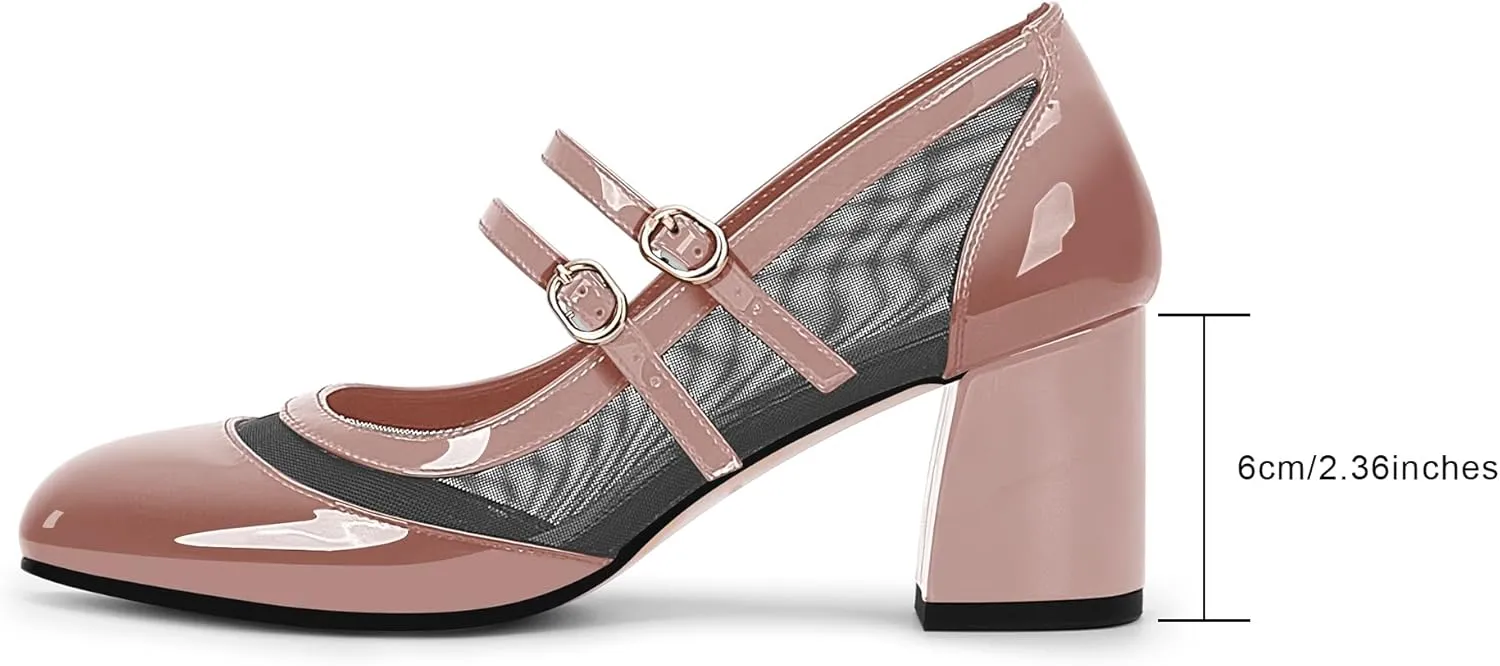 Women's Air Mesh Mary Janes Pumps High Heel Shoes with Block Heel & Double Buckle Strap Dress Shoes