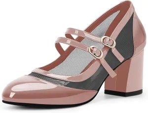 Women's Air Mesh Mary Janes Pumps High Heel Shoes with Block Heel & Double Buckle Strap Dress Shoes