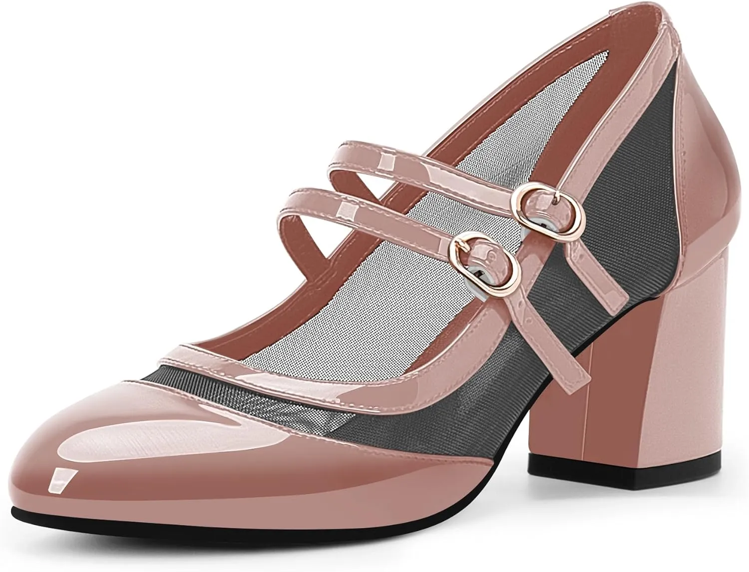 Women's Air Mesh Mary Janes Pumps High Heel Shoes with Block Heel & Double Buckle Strap Dress Shoes