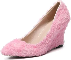 Womens Heels Fashion New Pink White Lace Wedding Shoes Women Wedges High Heels Red Rose Flower Banquet Bridesmaid Party Prom Pumps-Flower Banquet Shoe