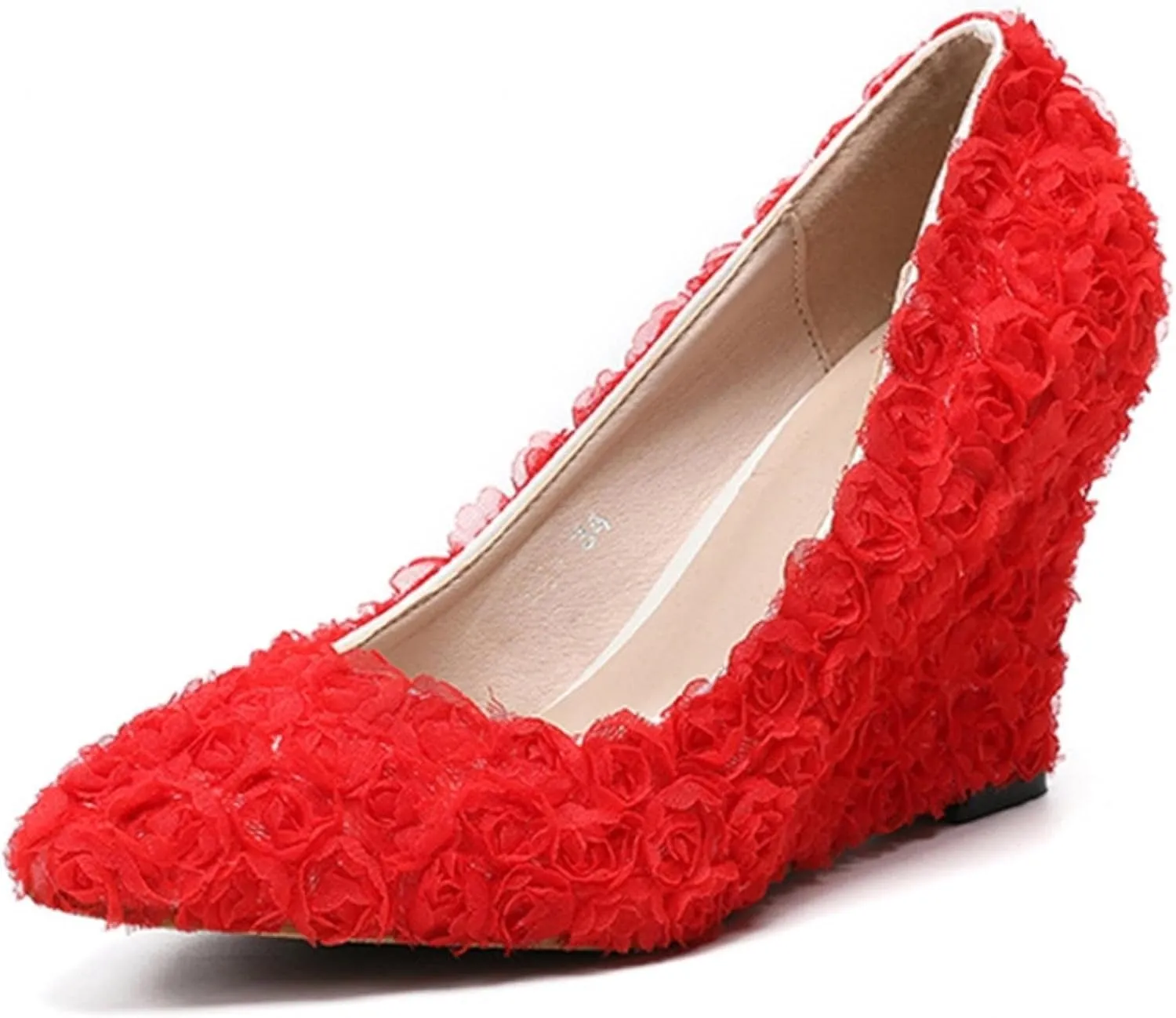 Womens Heels Fashion New Pink White Lace Wedding Shoes Women Wedges High Heels Red Rose Flower Banquet Bridesmaid Party Prom Pumps-Flower Banquet Shoe