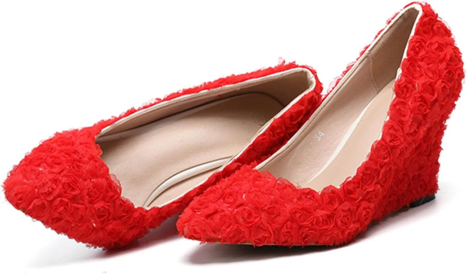 Womens Heels Fashion New Pink White Lace Wedding Shoes Women Wedges High Heels Red Rose Flower Banquet Bridesmaid Party Prom Pumps-Flower Banquet Shoe