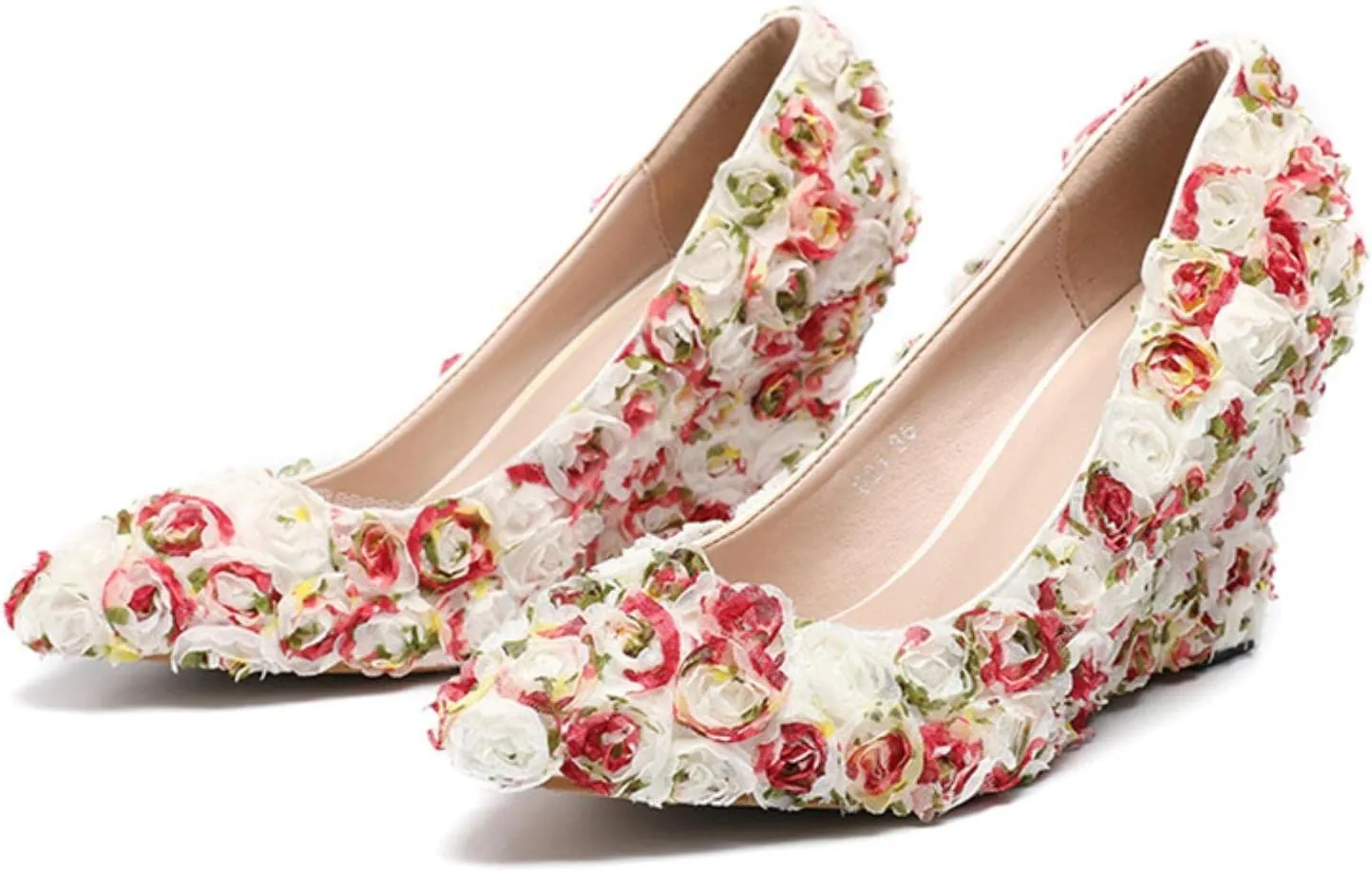 Womens Heels Fashion New Pink White Lace Wedding Shoes Women Wedges High Heels Red Rose Flower Banquet Bridesmaid Party Prom Pumps-Flower Banquet Shoe