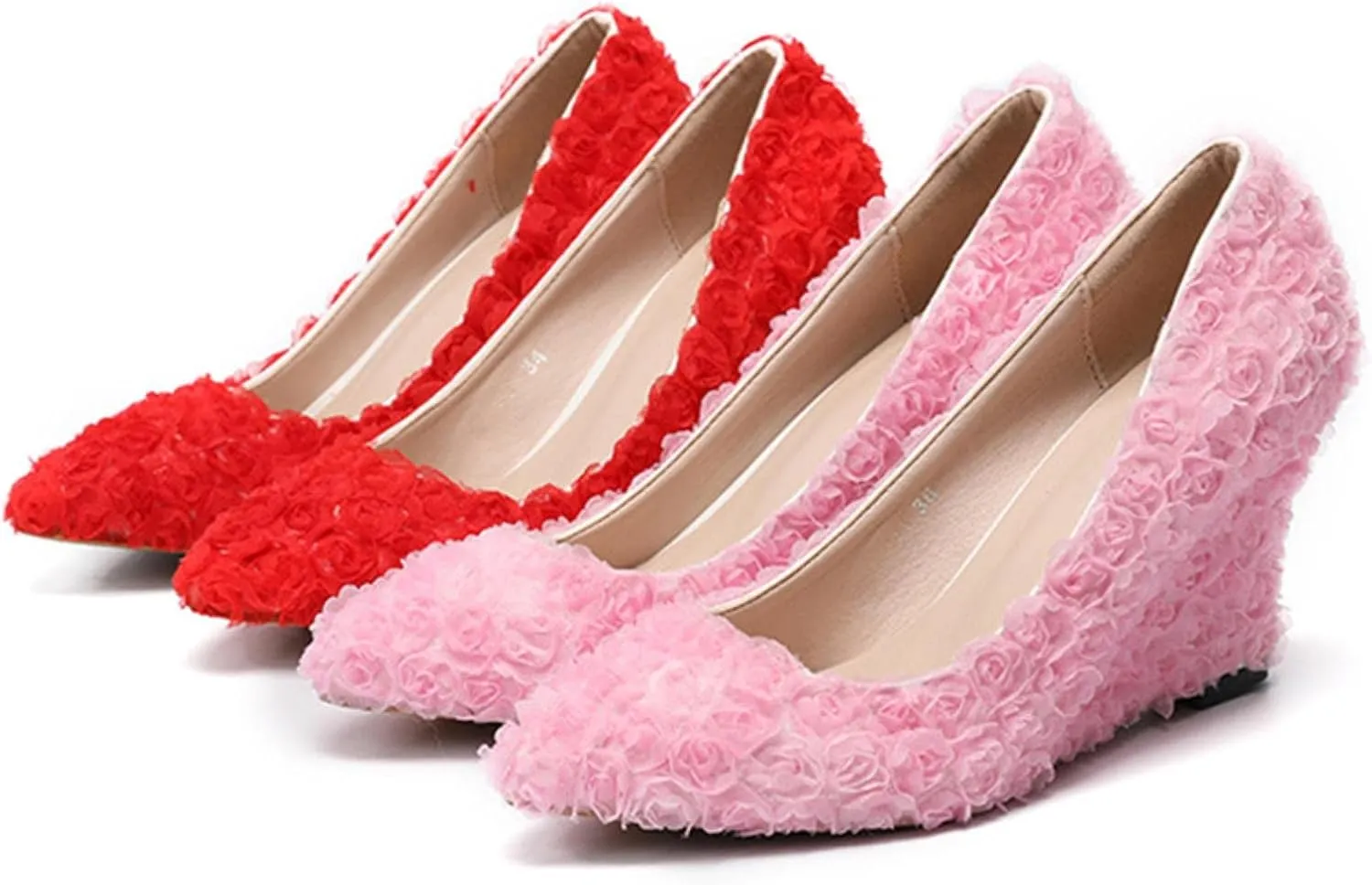 Womens Heels Fashion New Pink White Lace Wedding Shoes Women Wedges High Heels Red Rose Flower Banquet Bridesmaid Party Prom Pumps-Flower Banquet Shoe