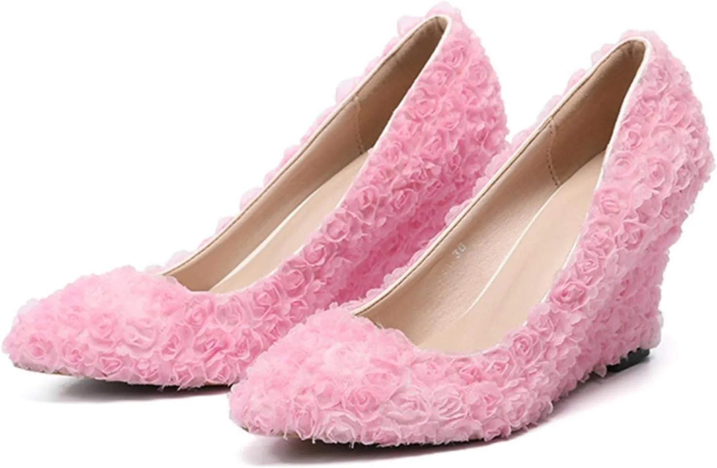 Womens Heels Fashion New Pink White Lace Wedding Shoes Women Wedges High Heels Red Rose Flower Banquet Bridesmaid Party Prom Pumps-Flower Banquet Shoe
