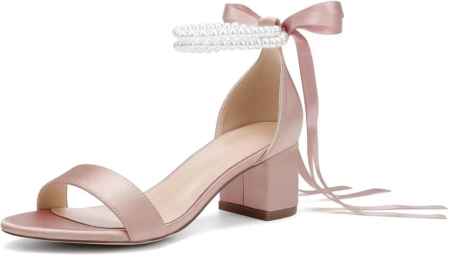 Women's Low Block Chunky Heels Sandals Open Toe Pearls Wedding Heels for Bride Heeled Party Dress Pump Shoes
