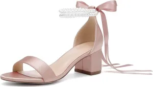Women's Low Block Chunky Heels Sandals Open Toe Pearls Wedding Heels for Bride Heeled Party Dress Pump Shoes