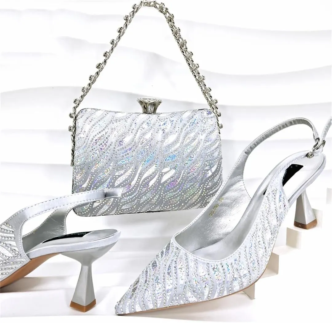 Women’S Party High Heels and Clutch Set with Pointed Toe and Crystal Decorations for Special