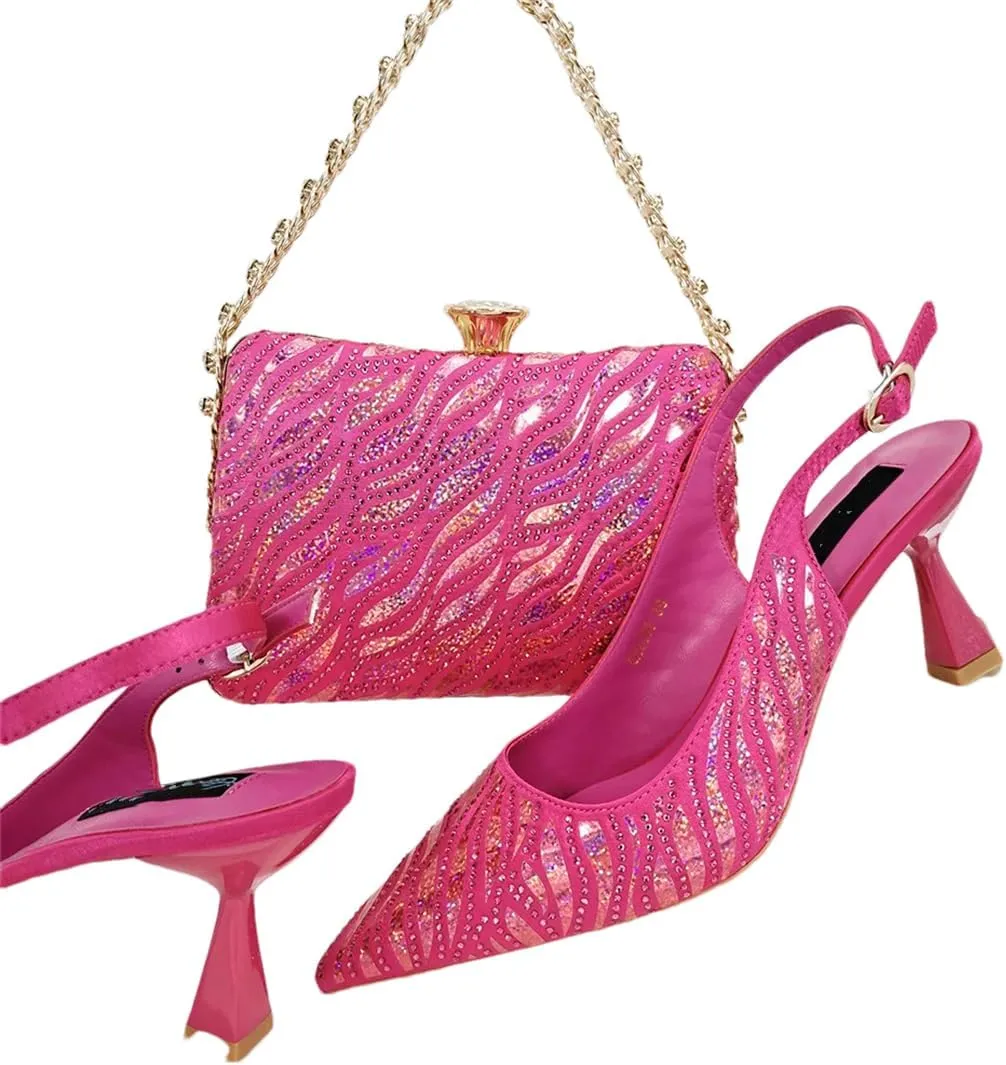 Women’S Party High Heels and Clutch Set with Pointed Toe and Crystal Decorations for Special