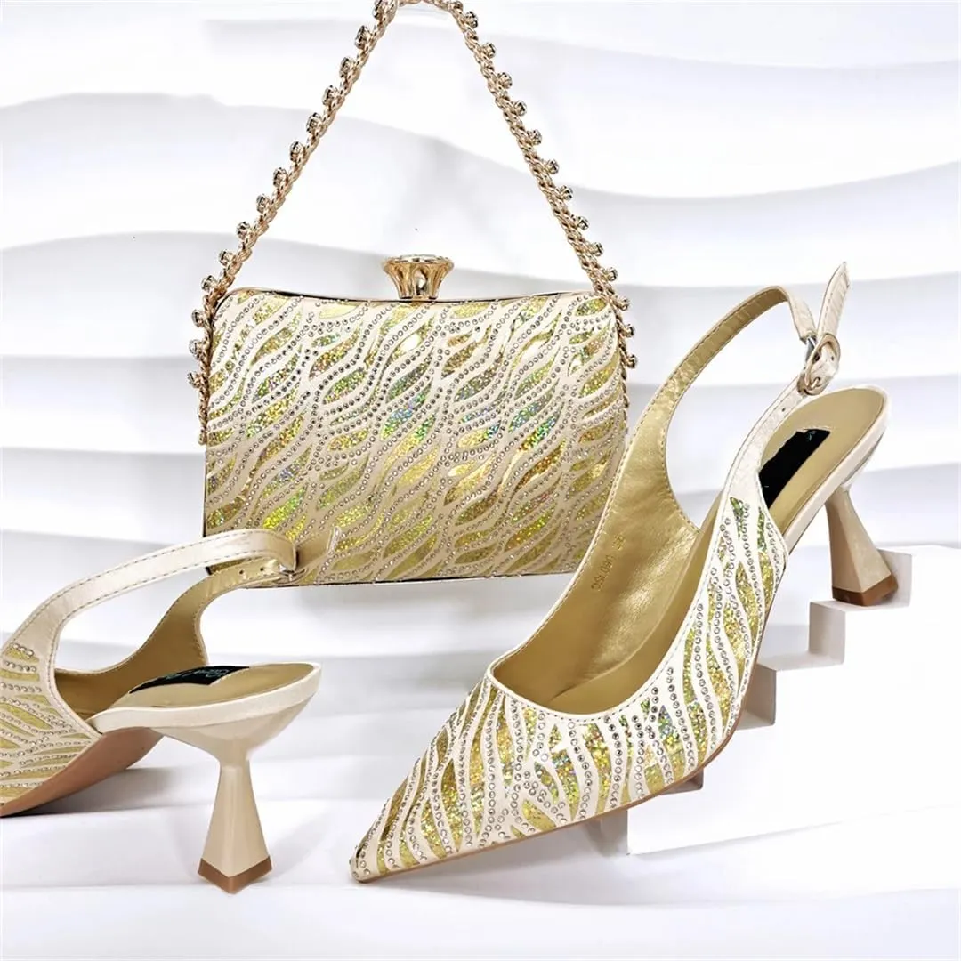 Women’S Party High Heels and Clutch Set with Pointed Toe and Crystal Decorations for Special