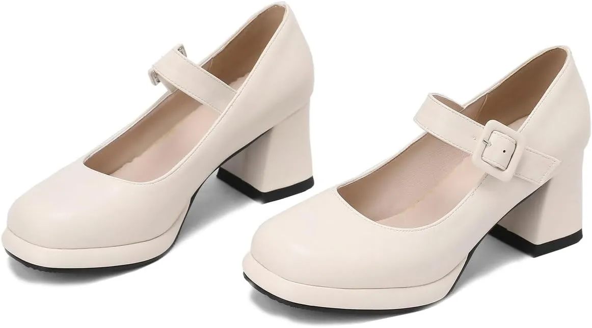 Women's Platform Mary Janes Square Toe Chunky Block Heel Ankle Strap Pump Shoes