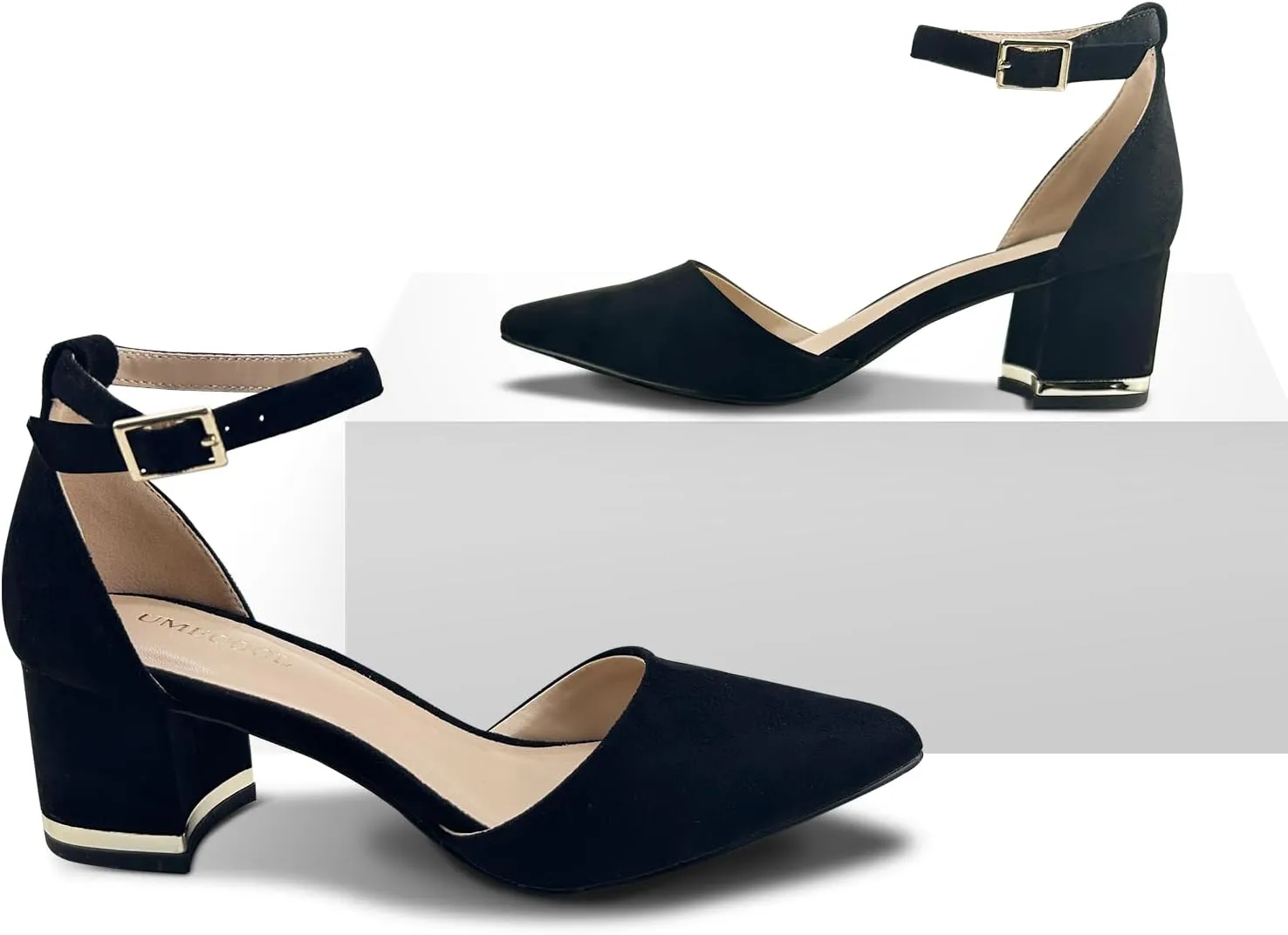 Women's Pointed Toe Low Chunky Heels Pump Shoes, Comfortable Heels for Women, Chunky Ankle Strap Dress Pumps Shoes for Wedding Office Party