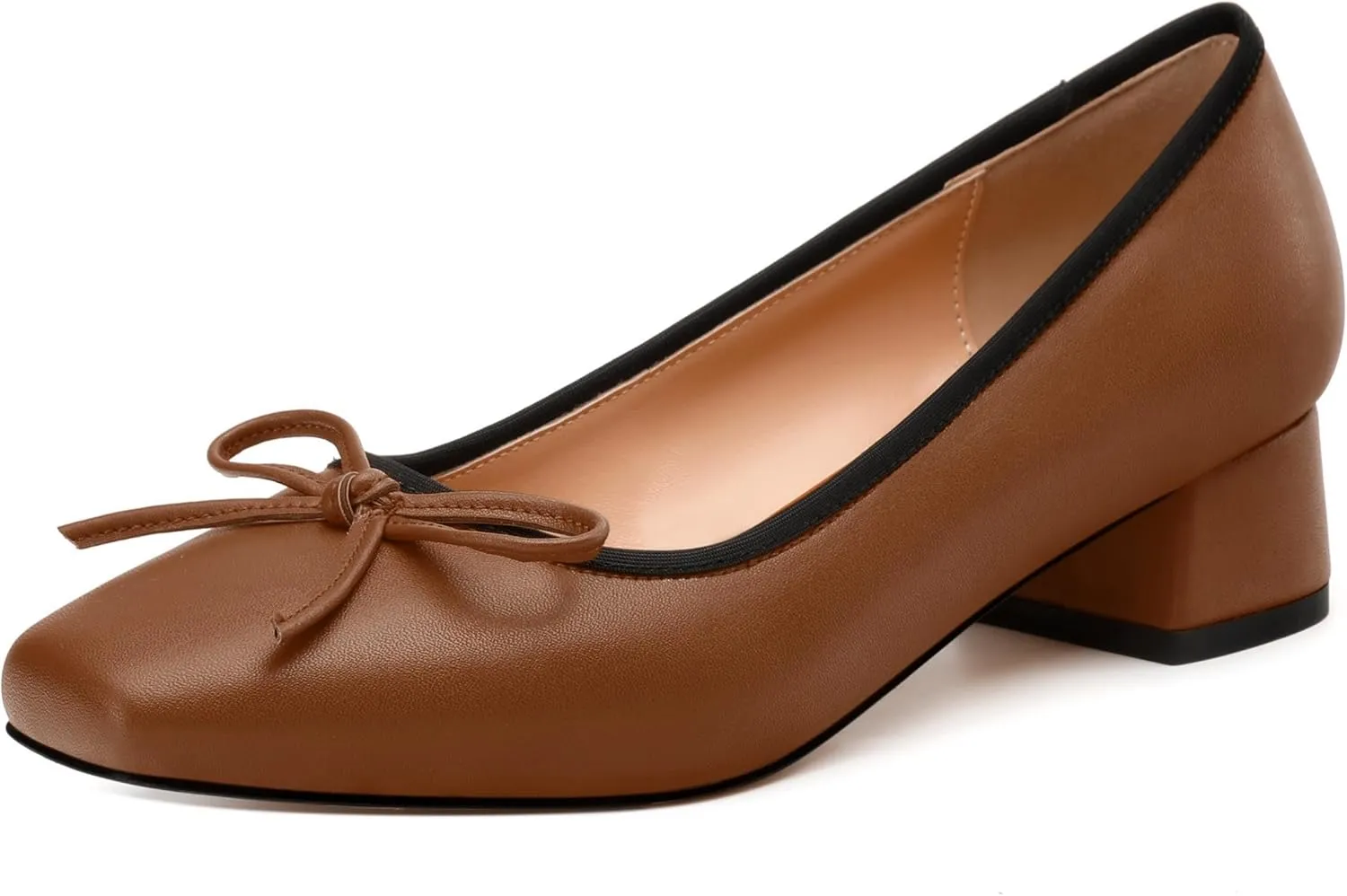 Womens Pumps, Square Toe Low Block Heel Pumps for Women, Leather Insole Comfort Daily Pump Shoes with Bow Tie 1.3"