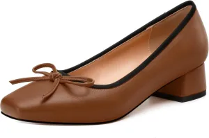 Womens Pumps, Square Toe Low Block Heel Pumps for Women, Leather Insole Comfort Daily Pump Shoes with Bow Tie 1.3"