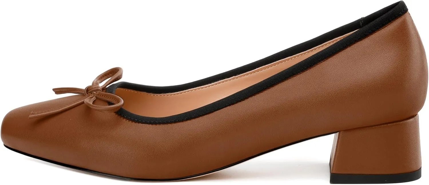 Womens Pumps, Square Toe Low Block Heel Pumps for Women, Leather Insole Comfort Daily Pump Shoes with Bow Tie 1.3"
