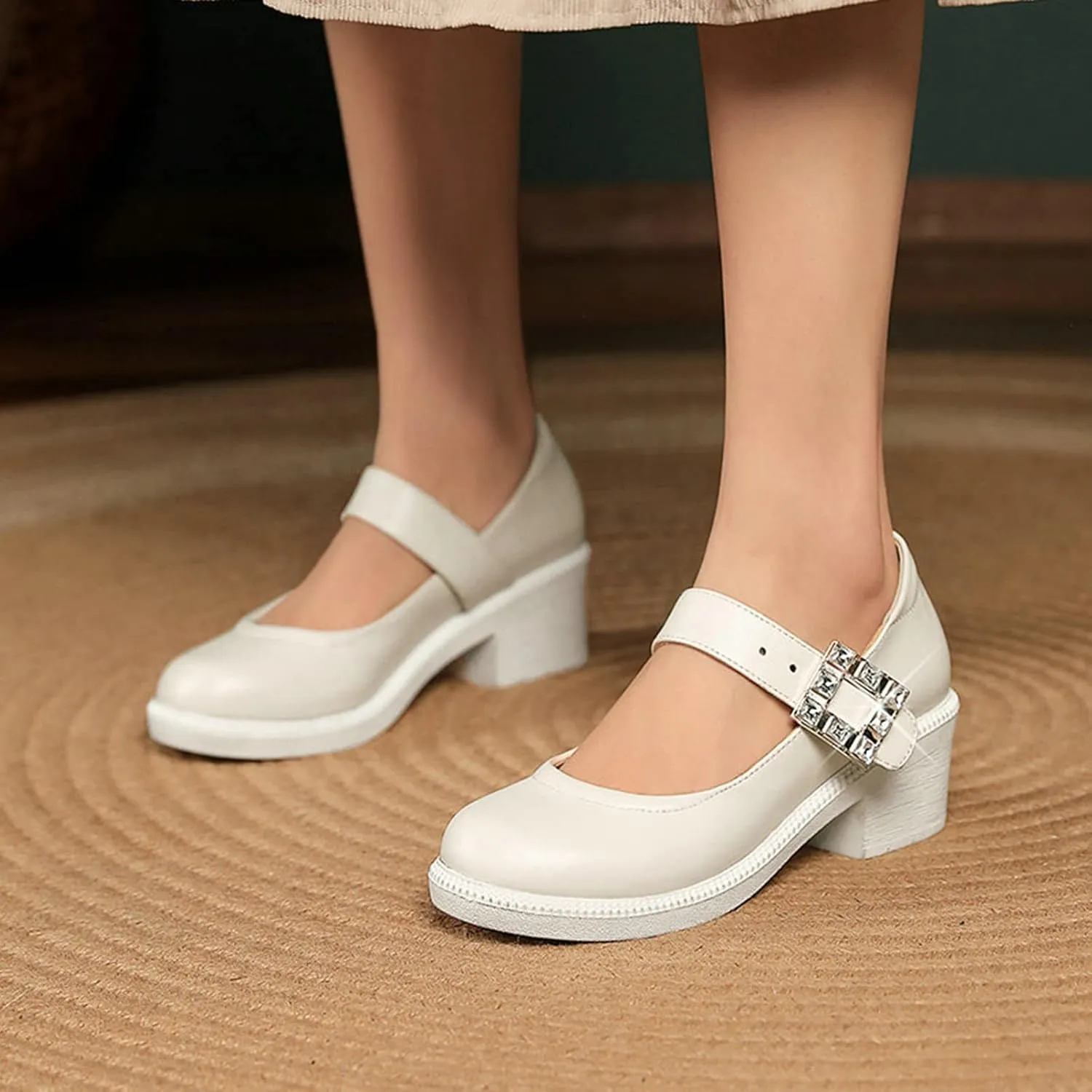 Women's Round Toe Mary Jane Dress Shoes Rhinestone Buckle Comfort Block Mid Heel Office Oxford Pumps