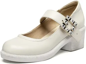 Women's Round Toe Mary Jane Dress Shoes Rhinestone Buckle Comfort Block Mid Heel Office Oxford Pumps