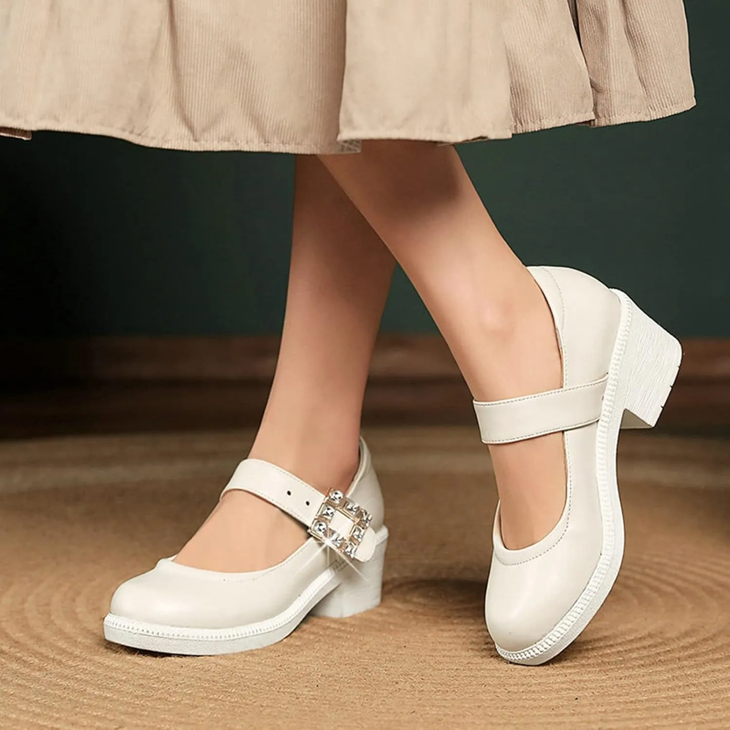 Women's Round Toe Mary Jane Dress Shoes Rhinestone Buckle Comfort Block Mid Heel Office Oxford Pumps