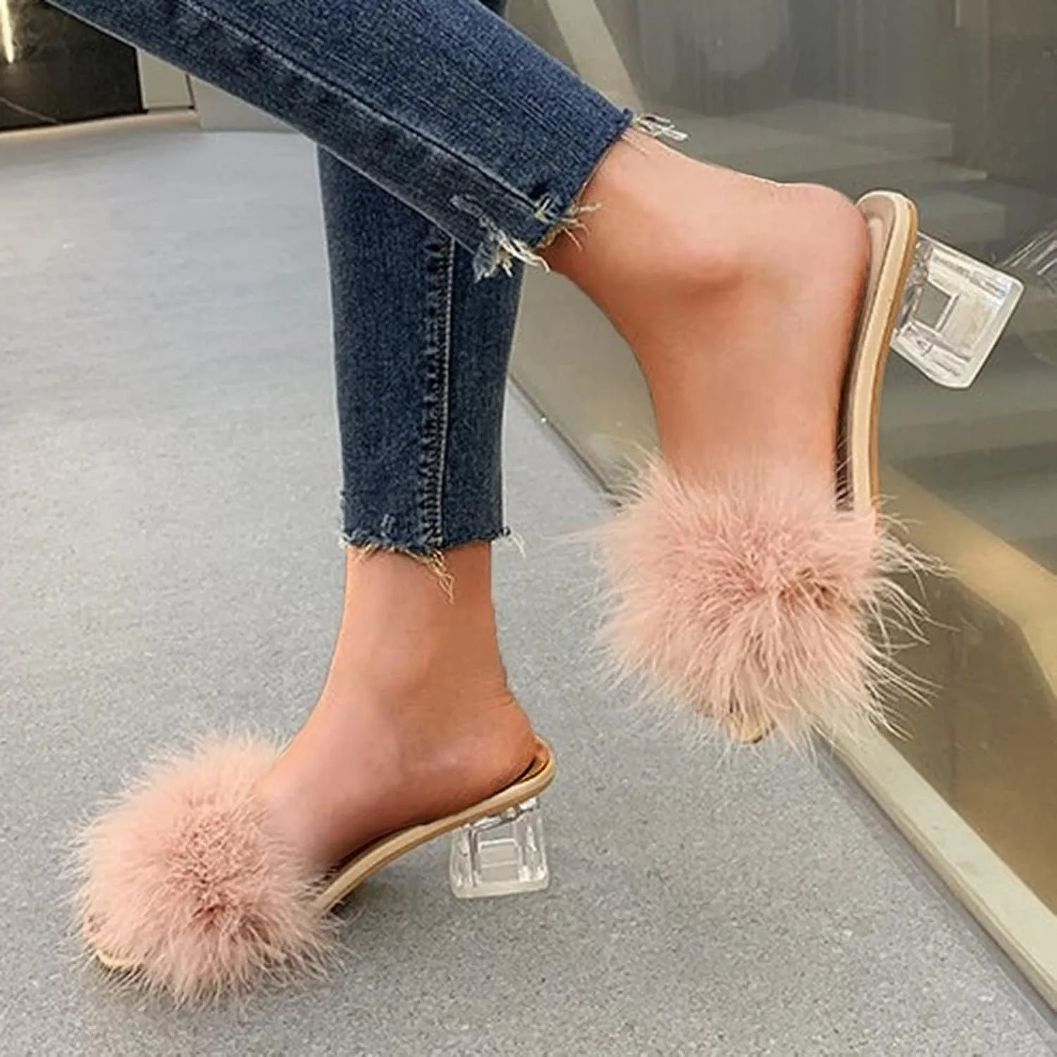 Women's Square Open Toe Heels Sandals Fluffy Feather Slip on Clear Low Block Chunky Heeled Slides Sandal Summer Mules Comfortable Casual Wedding Bridal Dress Pumps Party Shoes