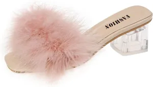 Women's Square Open Toe Heels Sandals Fluffy Feather Slip on Clear Low Block Chunky Heeled Slides Sandal Summer Mules Comfortable Casual Wedding Bridal Dress Pumps Party Shoes