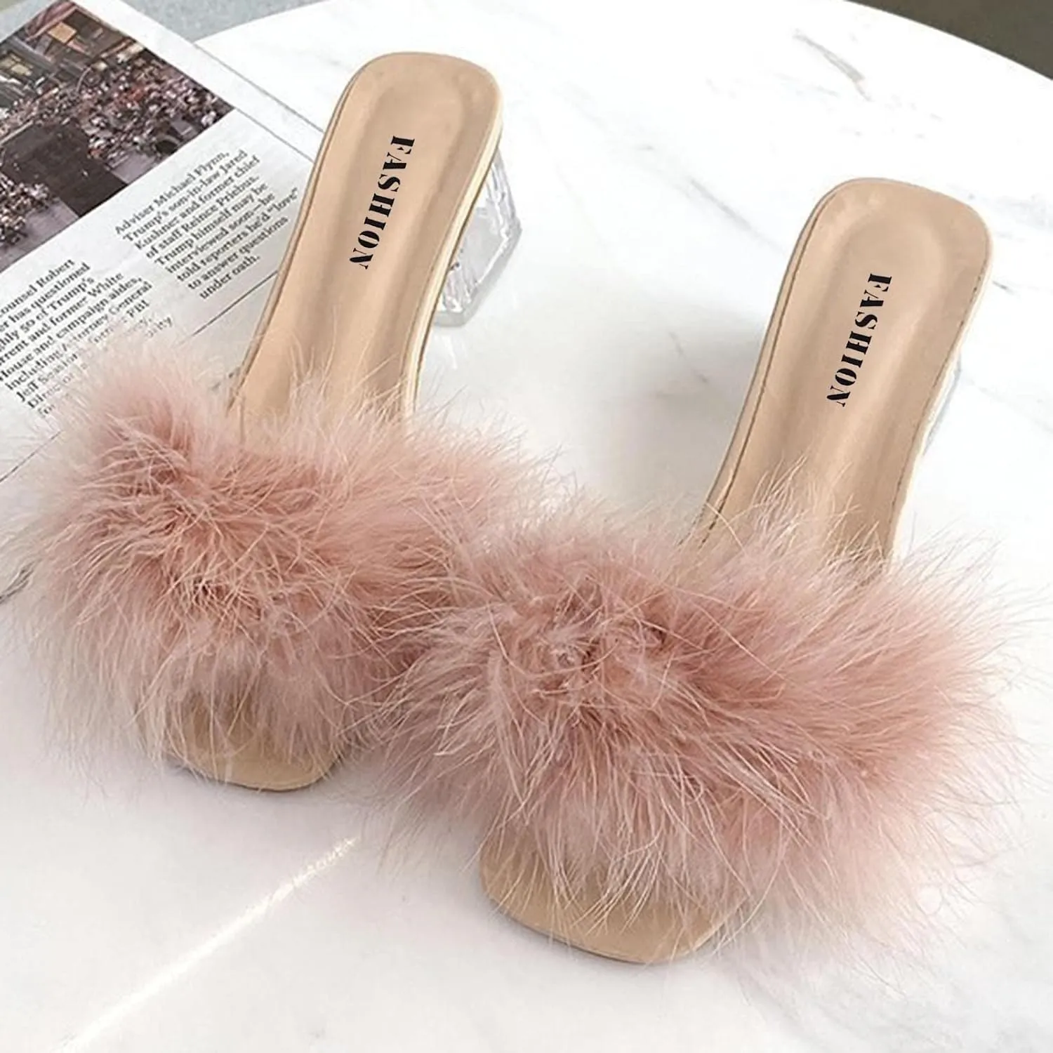 Women's Square Open Toe Heels Sandals Fluffy Feather Slip on Clear Low Block Chunky Heeled Slides Sandal Summer Mules Comfortable Casual Wedding Bridal Dress Pumps Party Shoes