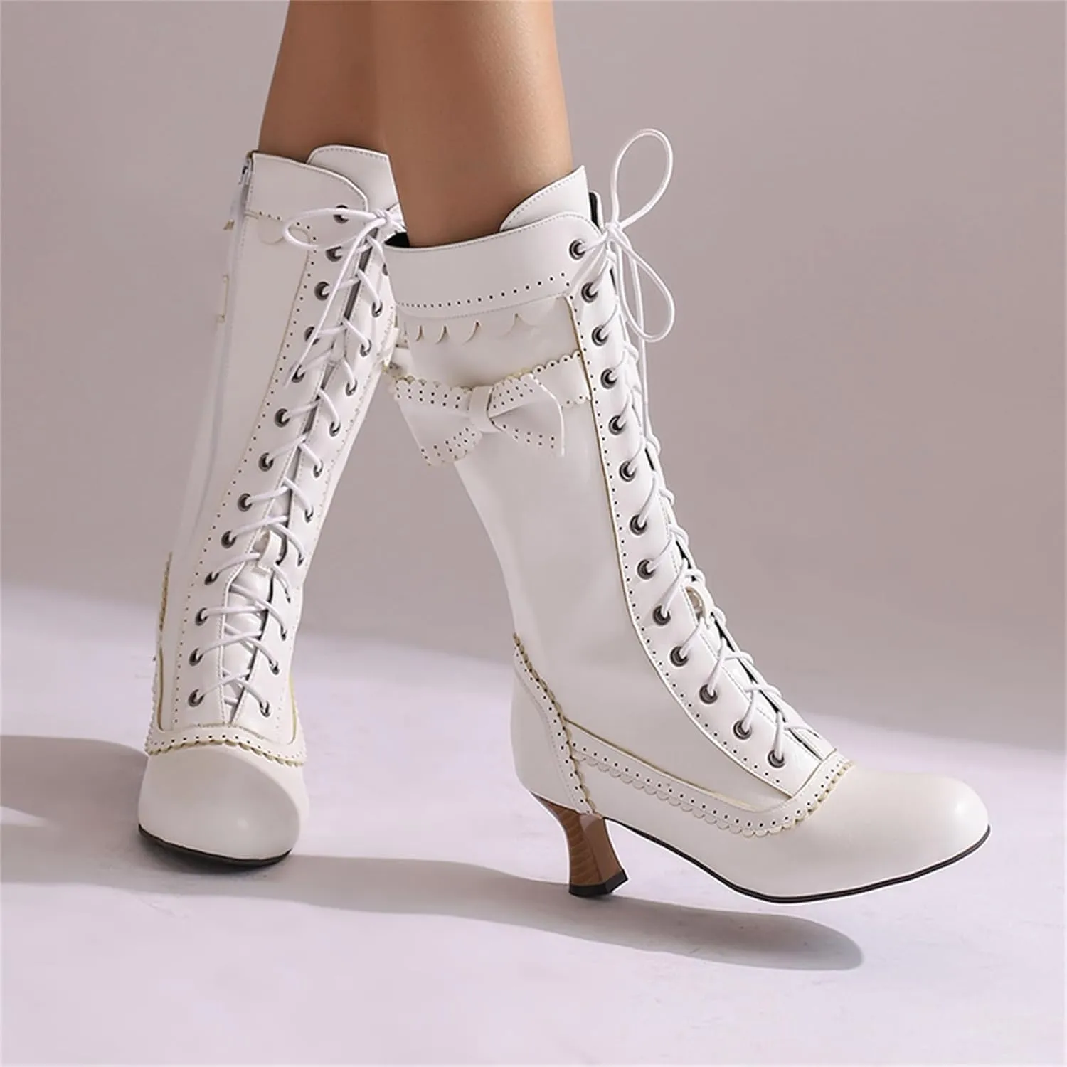 Women's Vintage Mary Janes Mid Calf Boots Almond Toe Lace Up Zip Sweet Bow Kitten Heel Hollow Out Flora Bordered Fashion Dating Delicate Party Bootiesy Office Lady Pumps Dress Shoe