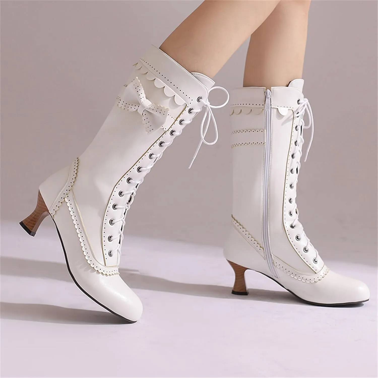 Women's Vintage Mary Janes Mid Calf Boots Almond Toe Lace Up Zip Sweet Bow Kitten Heel Hollow Out Flora Bordered Fashion Dating Delicate Party Bootiesy Office Lady Pumps Dress Shoe