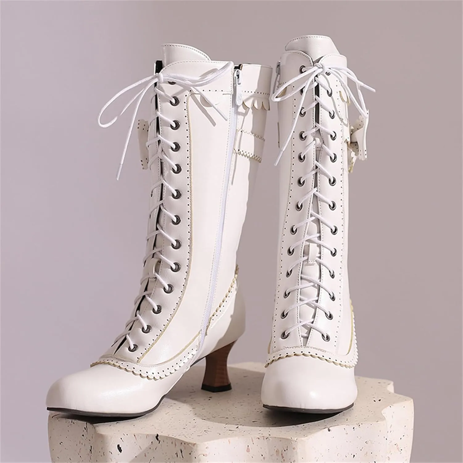 Women's Vintage Mary Janes Mid Calf Boots Almond Toe Lace Up Zip Sweet Bow Kitten Heel Hollow Out Flora Bordered Fashion Dating Delicate Party Bootiesy Office Lady Pumps Dress Shoe