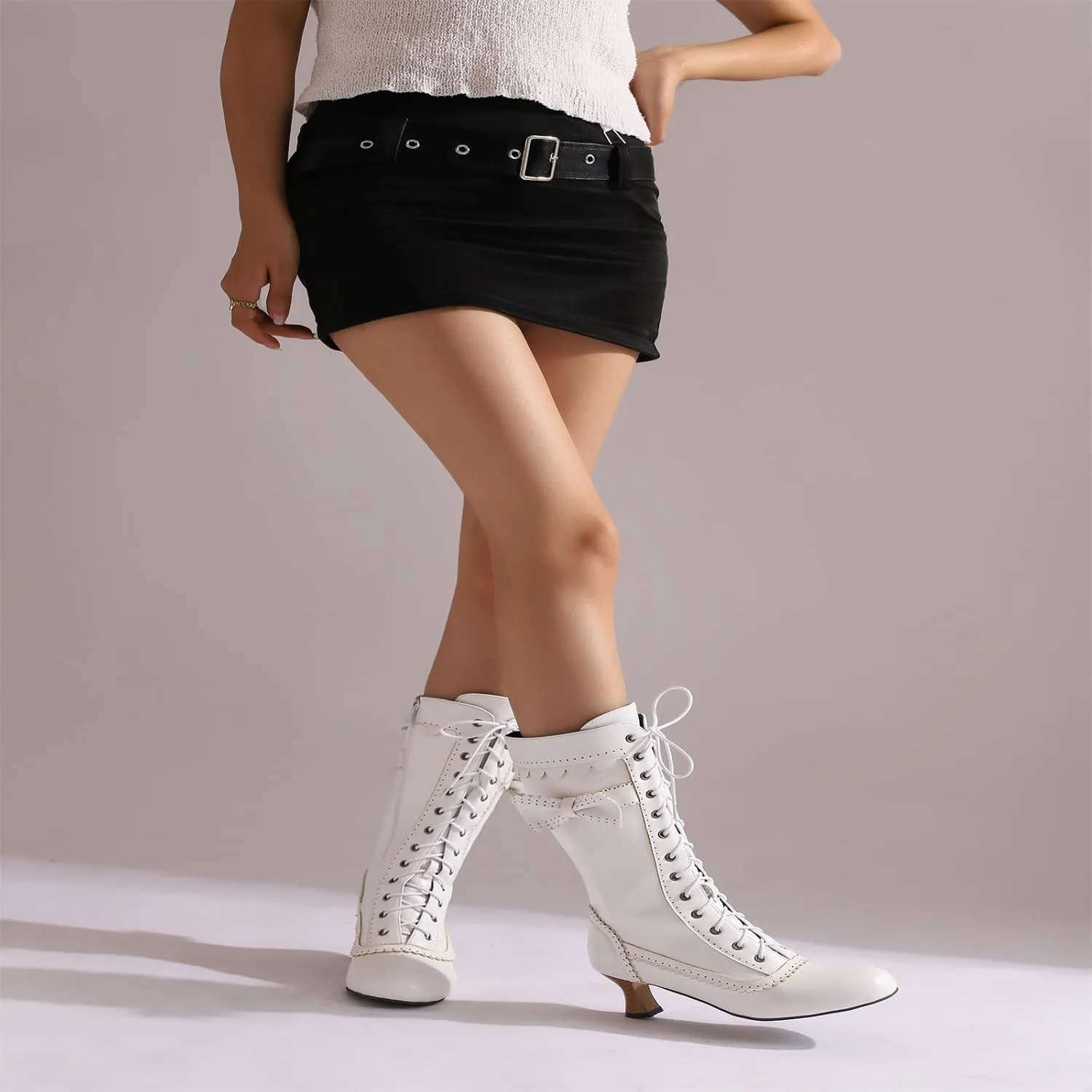 Women's Vintage Mary Janes Mid Calf Boots Almond Toe Lace Up Zip Sweet Bow Kitten Heel Hollow Out Flora Bordered Fashion Dating Delicate Party Bootiesy Office Lady Pumps Dress Shoe