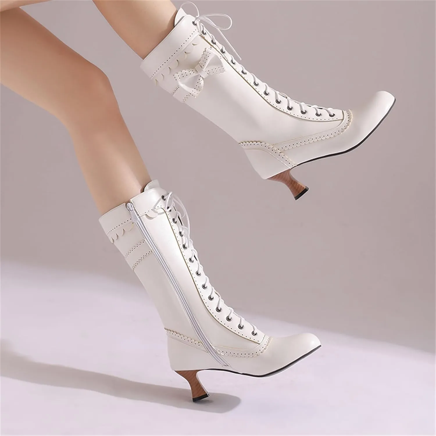 Women's Vintage Mary Janes Mid Calf Boots Almond Toe Lace Up Zip Sweet Bow Kitten Heel Hollow Out Flora Bordered Fashion Dating Delicate Party Bootiesy Office Lady Pumps Dress Shoe