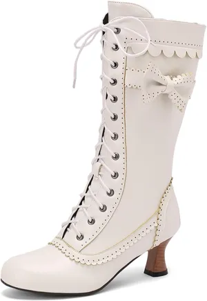 Women's Vintage Mary Janes Mid Calf Boots Almond Toe Lace Up Zip Sweet Bow Kitten Heel Hollow Out Flora Bordered Fashion Dating Delicate Party Bootiesy Office Lady Pumps Dress Shoe